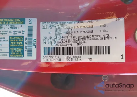 2016 Toyota Tundra Sr 4.6L V8 z USA, uszkodzony, nr VIN 5TFRM5F12GX104998